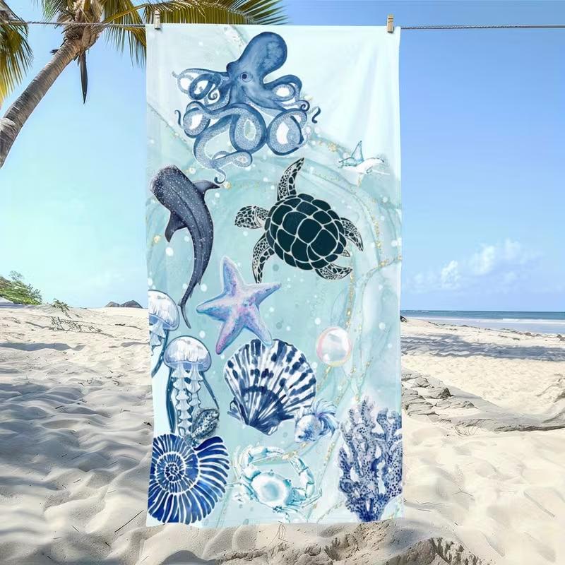 Watercolor Ocean Sea Creatures Beach Towel Blue Turtle Octopus Jellyfish Starfish Print Soft Absorbent Quick Dry Towel for Beach