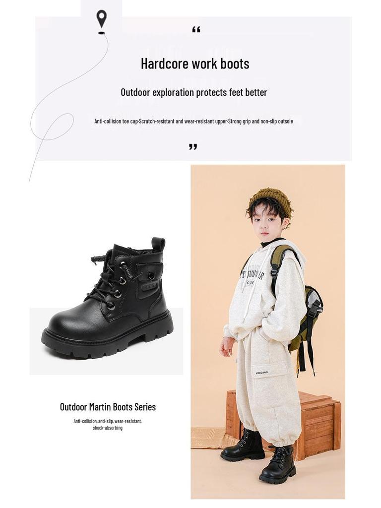 Boys' Black British-Style Leather Boots - Short, Dr. Martens-Inspired, Soft Sole, for Autumn/Winter