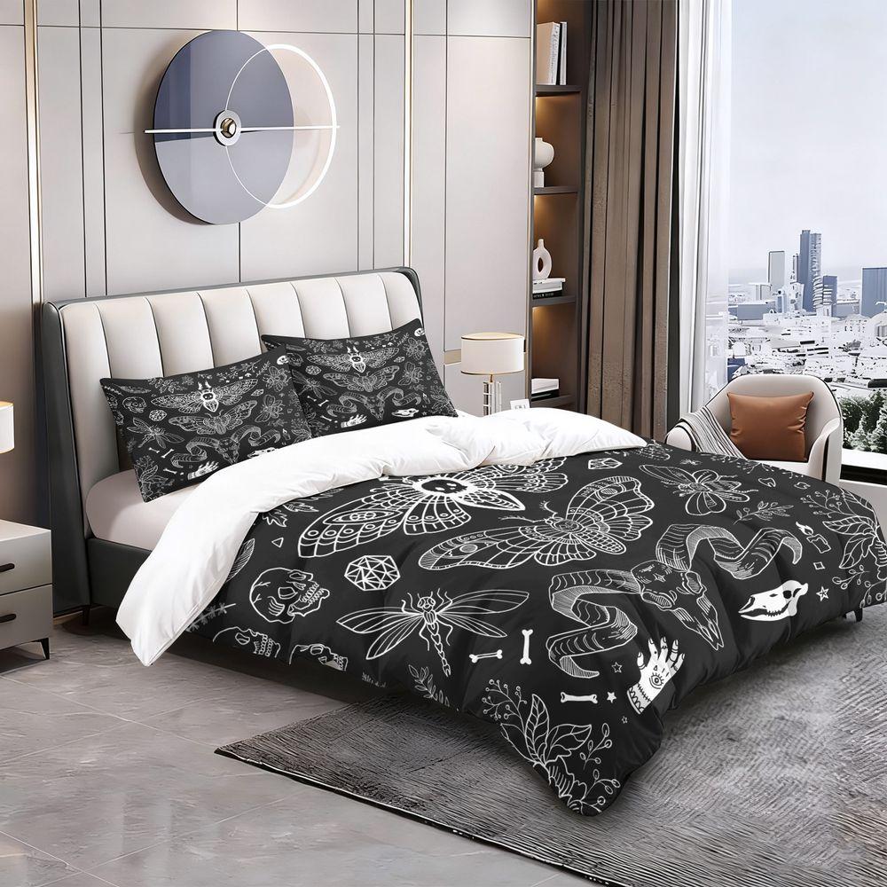 2/3Pcs Gothic Moth Skull Duvet Cover Set(1 Duvet Cover & 1/2 Pillowcase) Soft Bedding Set Aesthetic Dark Decor for Bedroom