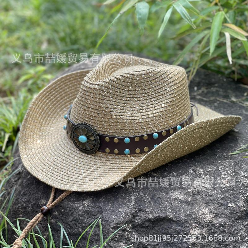 Turquoise totem belt straw hat outdoor travel sunscreen sunshade mountaineering Tibetan hat western cowboy hat