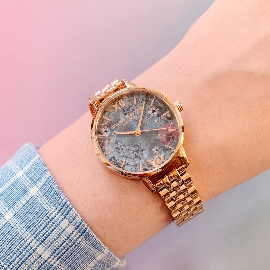 Ceas Olivia Burton, brățară din aur roz cu model floral Under Sea Shell