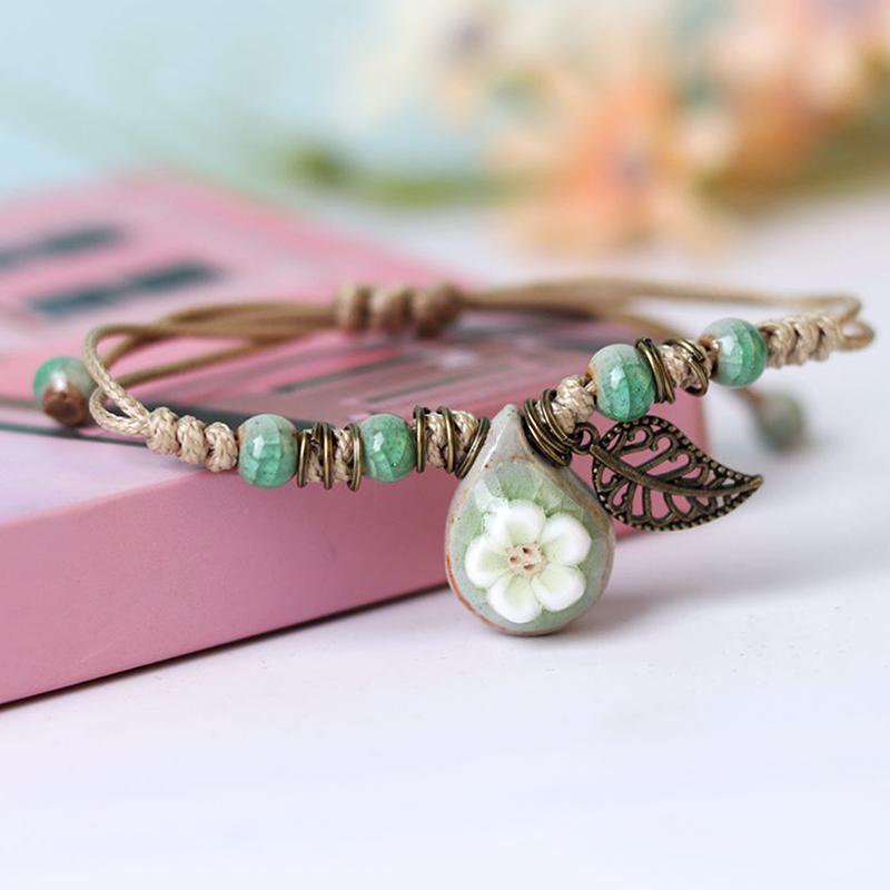 Handmade Sunflower Leaf Ceramic Bracelet Boho Adjustable Jewelry For Women Vintage Ethnic Gift