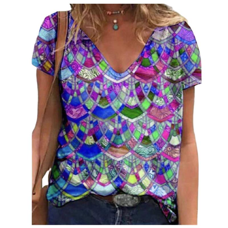 

Новые летние топы 2025 года, женские футболки с принтом, повседневные, с коротким рукавом и V-образным вырезом, женские футболки, размер 4XL 5XL 5XL