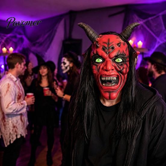 Máscara de Diablo para Halloween Máscara de Satán, Disfraz Realista de Cabeza Completa de Látex con Accesorios Largos y Escalofriantes de Cuernos Rojos y Colmillos, Accesorios de Fiesta de Cosplay Aterradores