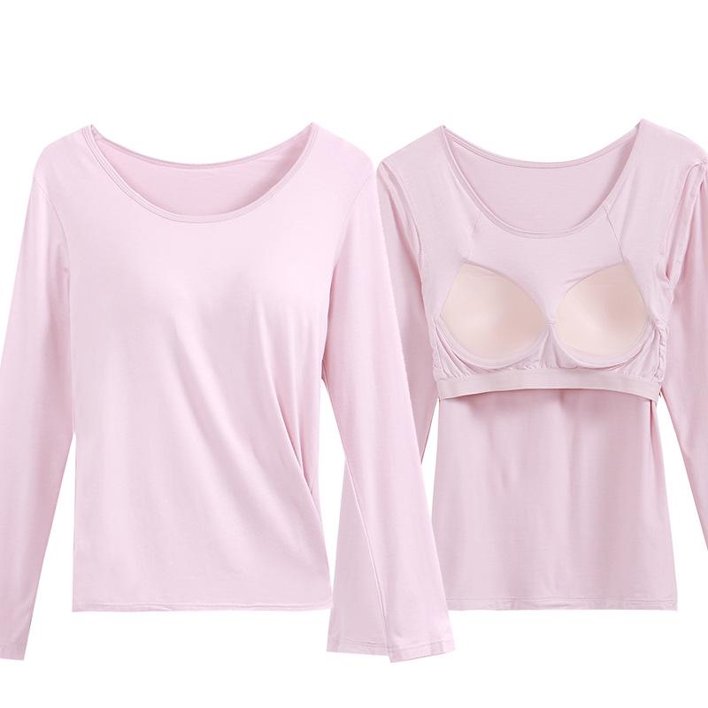 Damska koszulka z długim rękawem i okrągłym dekoltem z wbudowanymi bezprzewodowymi miseczkami – wyszczuplająca warstwa bazowa do jogi
