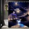 Moonlight River Shower Curtain Night Landscape Waterfall Cherry Blossom Decor Elegant Bathroom Art Waterproof Bath Curtain Set