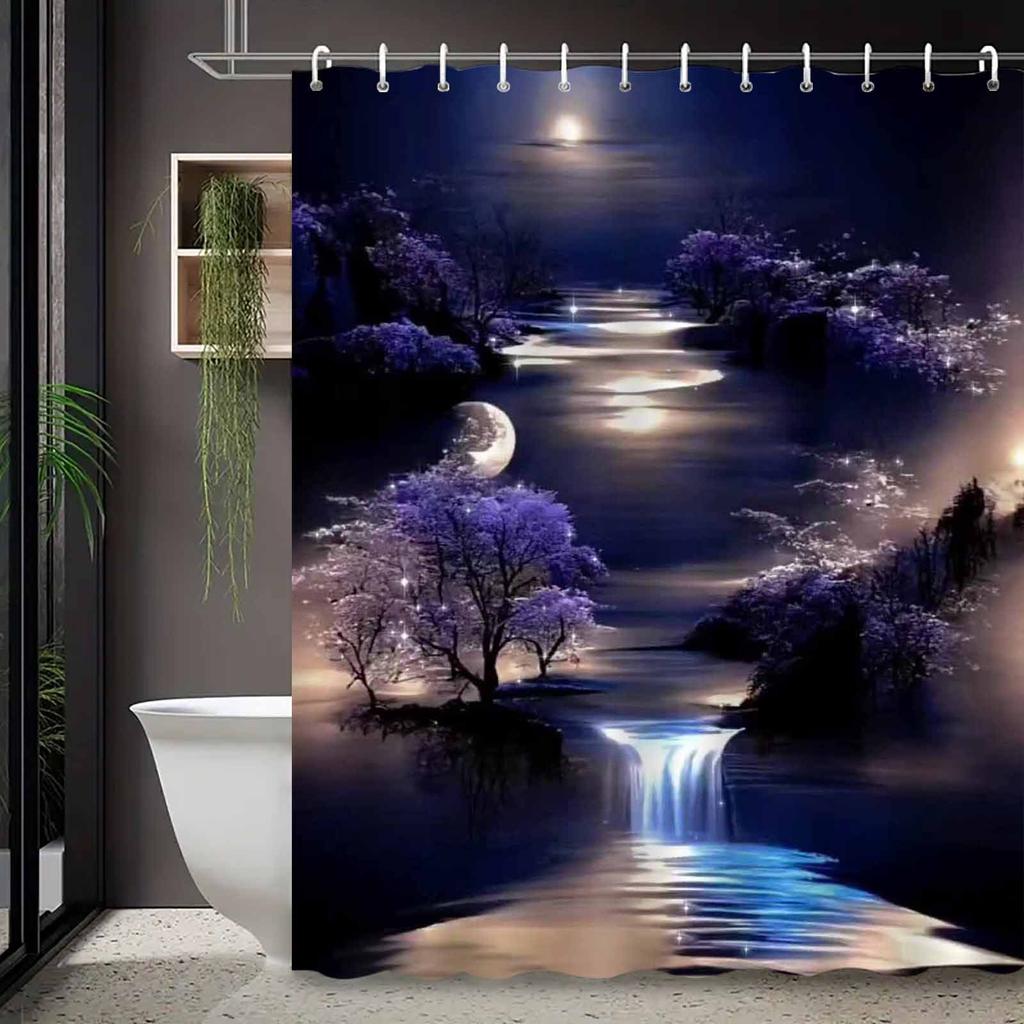 Moonlight River Shower Curtain Night Landscape Waterfall Cherry Blossom Decor Elegant Bathroom Art Waterproof Bath Curtain Set
