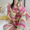 Thickened Rainbow Striped Coral Velvet Pajama for Woman Cute Foreign Style Home Wear Warm Suit Comfortable