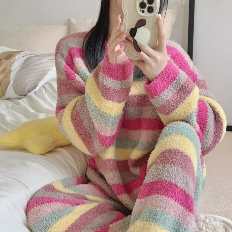 Thickened Rainbow Striped Coral Velvet Pajama for Woman Cute Foreign Style Home Wear Warm Suit Comfortable