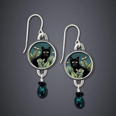 Vintage Round Black Cat Earrings for Women Ethnic Antique Copper Color Painting Green Leaves Blauwe Parel Dangle Earrings