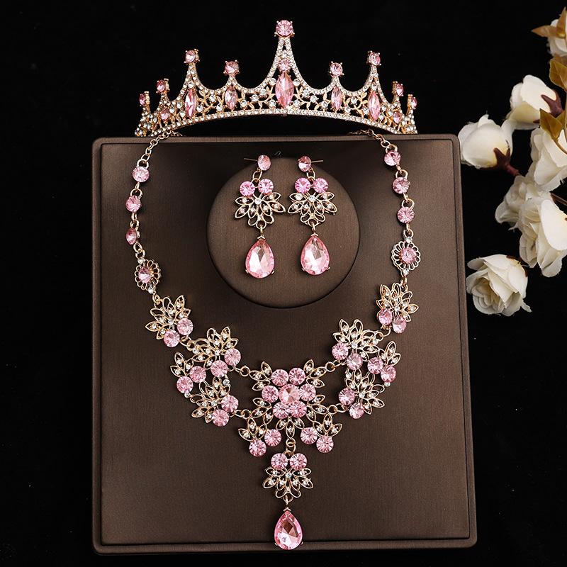 Pink Bridal Crown Three Piece Suit Wedding Crown Tiara Necklace Earrings Korean Super Fairy Wedding Dress Accessories