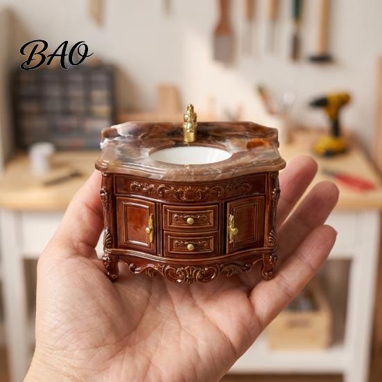 Miniature Bathroom Furniture Doll Mansion Sink Cabinet with Vanity Mirror, 1/12 Scale Mirror Miniature, Tiny Victorian for House Decoration