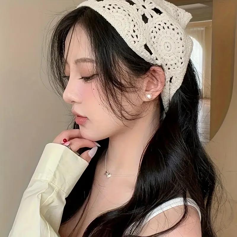 Hollow Crochet Headband Hair Bandana for Women, 3pcs Boho Triangle Head Scarf, Adjustable Non-Slip Headband, Retro Hair Kerchief
