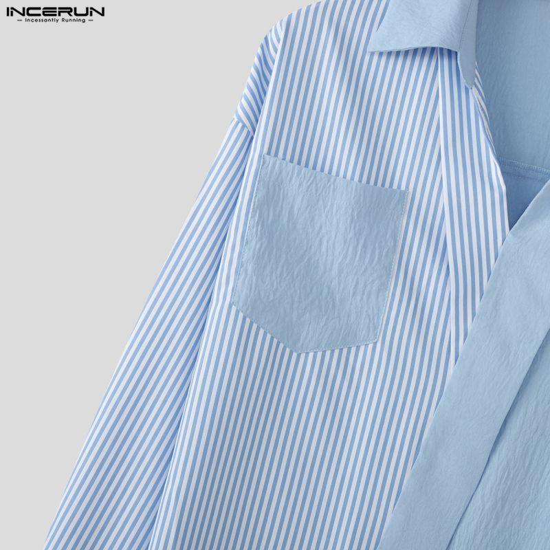 INCERUN Oversized Men Lapel Neck Long Sleeve Striped Patchwork Casual Shirts Tops 