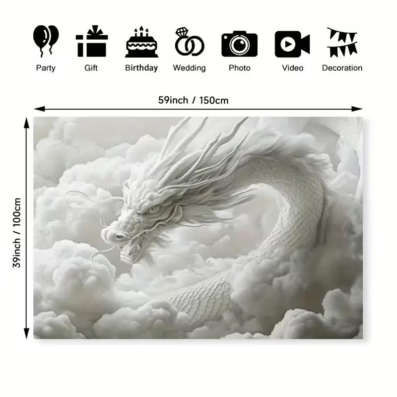 2D Majestätischer Chinesischer Drache Wandteppich Weiße Wolken Mystischer Wandhintergrund