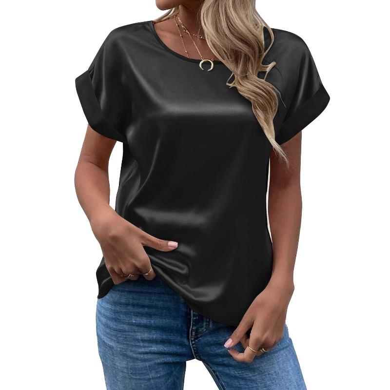 

Women Shirt Fashion Summer OL Temperament Satin Pullover Round Neck Straight Women s T-shirt S чёрный