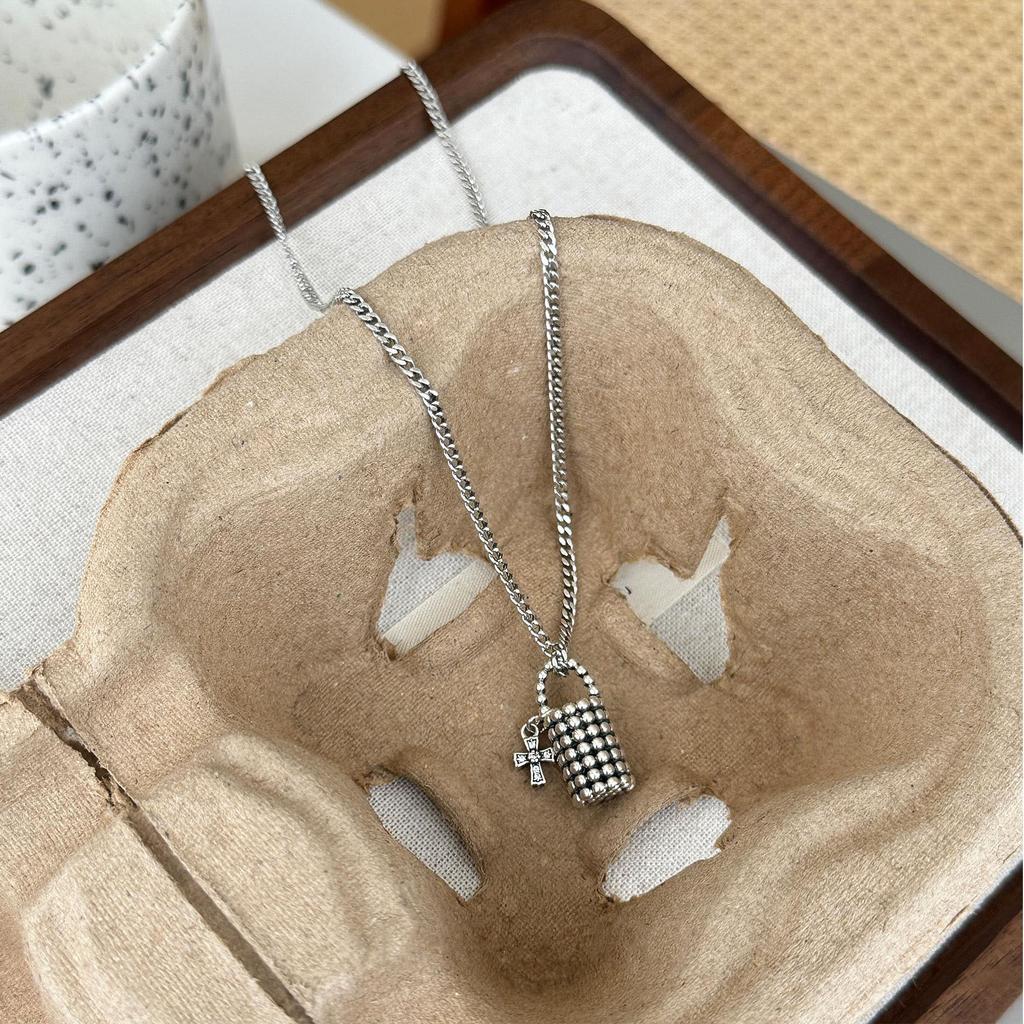 Cold Wind Woven Bucket Basket Pendant Necklace Retro Hip Hop Style Versatile Handbag Zircon Cross Accessories