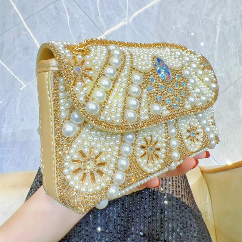 2025 Luxury High-end Big Pearl Colorful Diamond Wedding Evening Clutch Bag New Fashion Rhinestone Handbags Designer Shoulder Bag