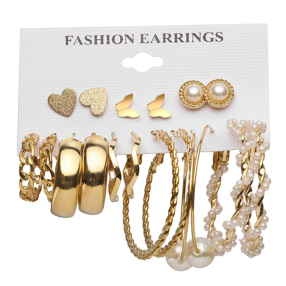 Hot-selling Retro Exaggerated Women's Peach Heart Stud Earrings Twist Twisted Pearl Earrings 11-piece Set of Earrings
