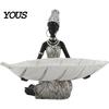 Jewelry Snack Tray African Woman Figurine with Head Tray, Black & White Tribal Ethnic Pattern Resin Statue, Overhead Key Holder Dual-Function Storage