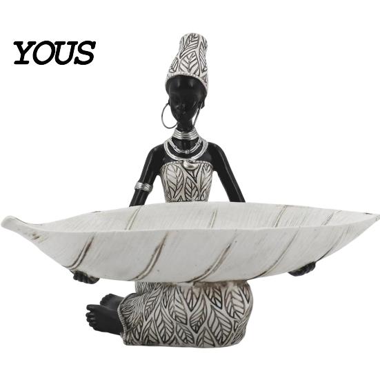 Jewelry Snack Tray African Woman Figurine with Head Tray, Black & White Tribal Ethnic Pattern Resin Statue, Overhead Key Holder Dual-Function Storage