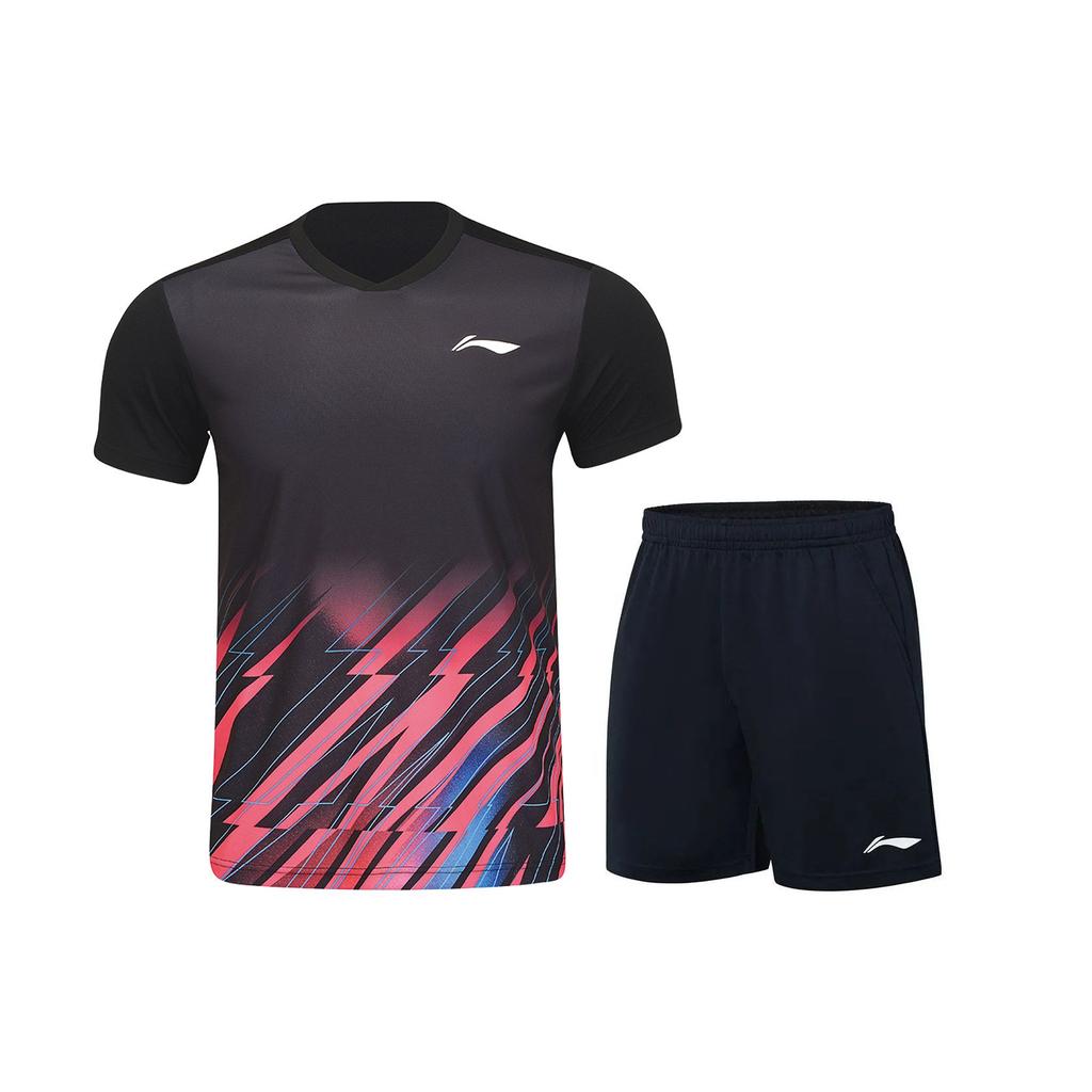 Li-Ning Club Series Quick-Dry Badminton Short Sleeve Henley Neck Relaxed Sports Set Men sets Black AATU031-1