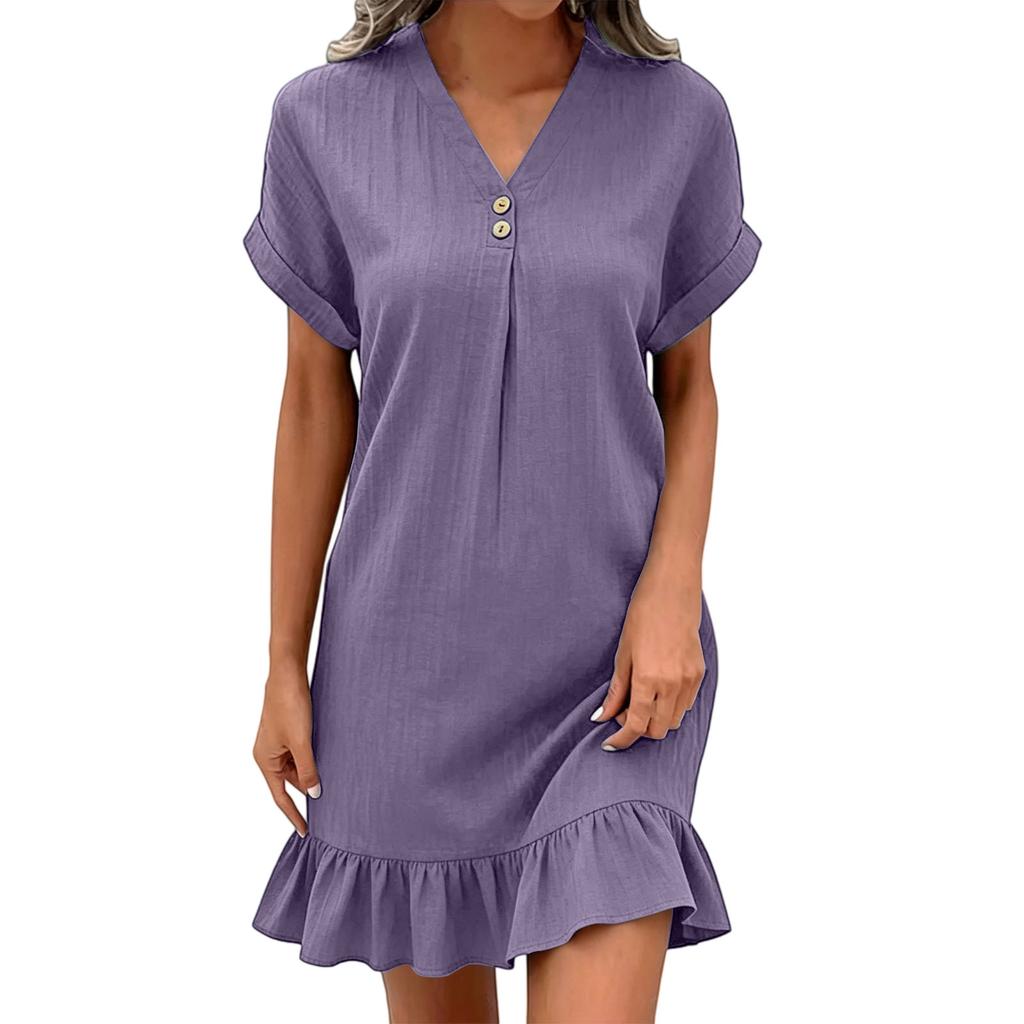 Women's Casual Pullover Dress V Neck Short Sleeve Button Detail Relaxed Fit Ruffle Hem Lightweight Fabric Summer Vacation Dress