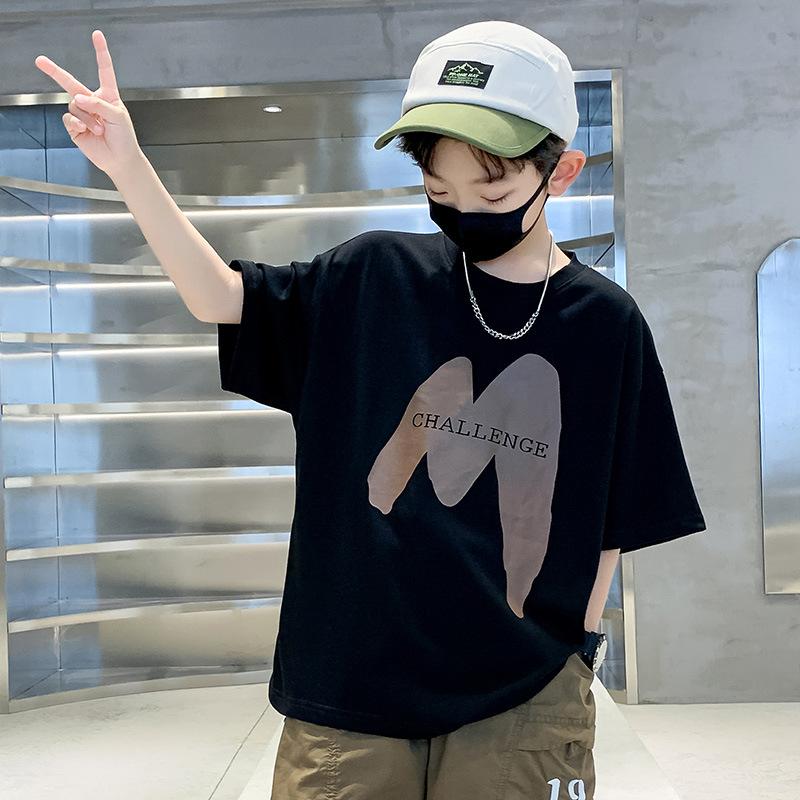 Boys' Short Sleeved T-shirt Children's T-shirt Loose Letter Round Neck Top Summer Children's Clothing