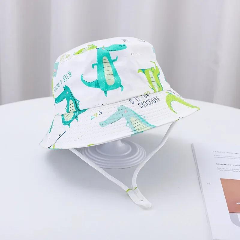 Baby Sun Hat Summer Kids Cartoon Dinosaur Print Soft Cotton Bucket Hat For Girls Boys Panama Beach UV Protection Cap Children