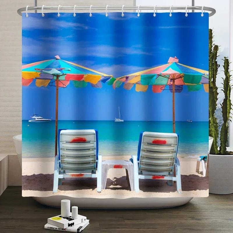 Summer Seaside Shower Curtains Ocean Beach View Coconut Trees Bath Curtain Polyester Fabric Bathroom Restroom Decor With Hooks