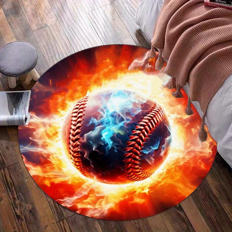 

Round Crystal Velvet Rug Baseball Fire Flame Blue Lightning Sports Ball 3D Print Round Rug for Game Room Gym Fan Decor 60cm x 60cm