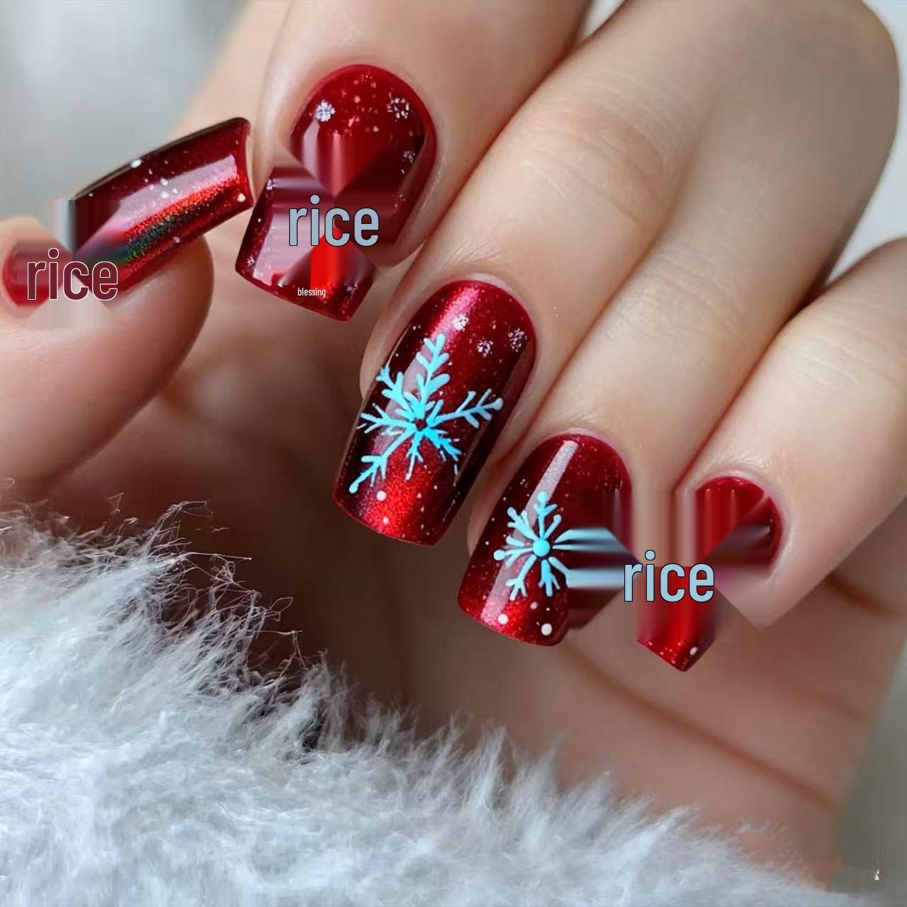 

24pcs Shiny Cat Eye Nails - Autumn/Winter Christmas Set with Snowflake Design in Red and Green