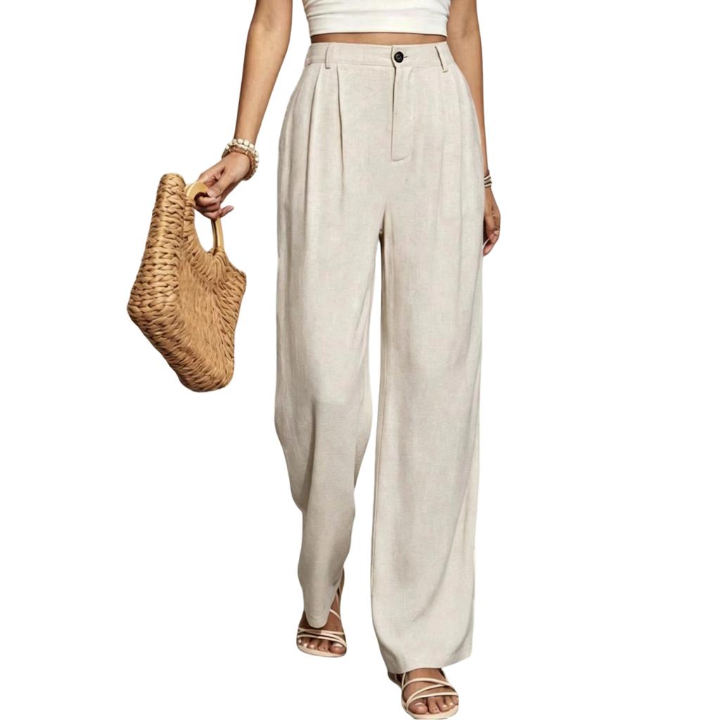 Women's High Waist Wide Leg Trousers Pleated Front Loose Fit Long Pants with Button and Zip Closure for Casual Office Wear