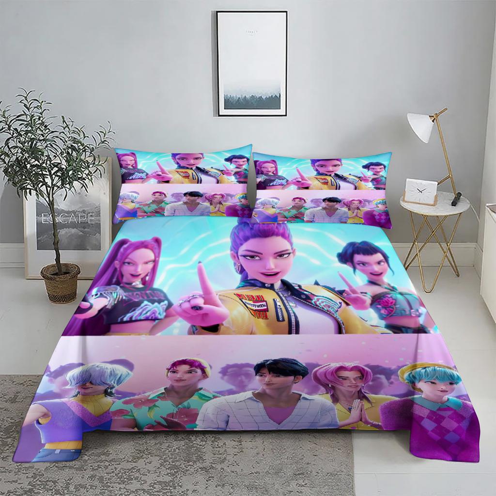 ZOEY RUMI ZIRA D-Demon Hunters K-pop Bed Sheet Set 3D Printed Bed Flat Sheet With Pillowcase Bed Linen King Queen Size