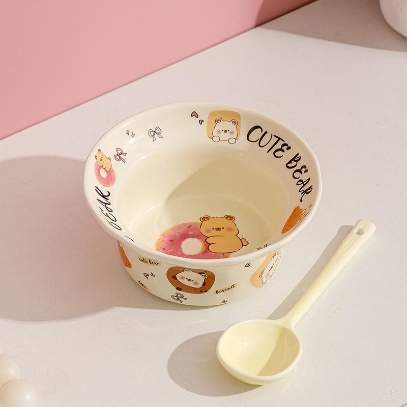 Cute Ceramic Dessert Bowl Round Cartoon Salad Bowl Tableware Household Eating Rice Bowl Dormitory Couple Bowl Spoon Set