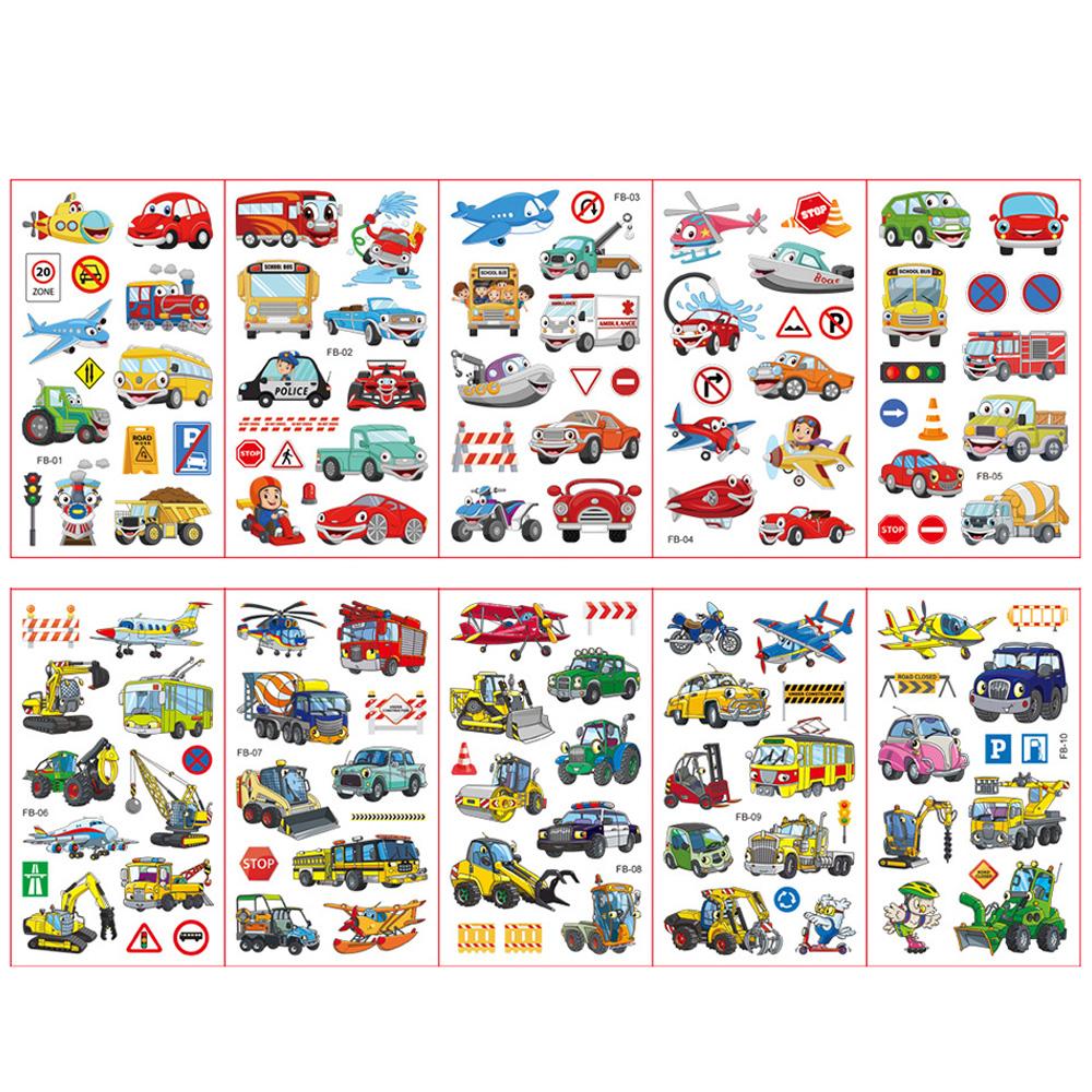 10Sheets/Set Kids Cute Cartoon Tattoo Stickers Transport Engineering Vehicle Cars Fake Temporary Tattoo Boys Gift