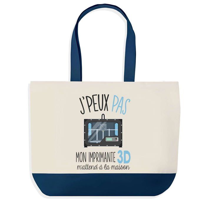 Sac shopping - PLANETEE - Sac fond bleu "J'peux pas Imprimante 3D" - Bleu - Coton - 40 x 45 cm