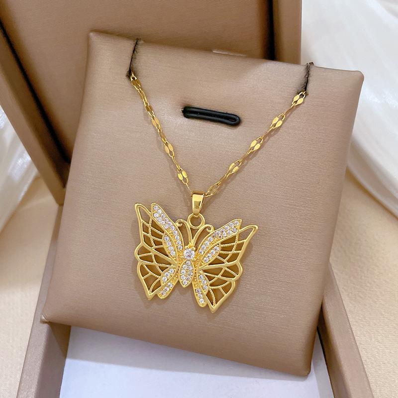 Heavy Industry Empty Butterfly Micro-Inlaid Real Gold Necklace Female Transfer Bead Collarbone Chain With Jewelry