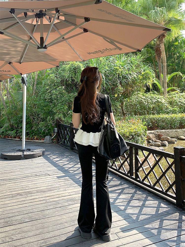 In-Stock Women's Patchwork Lace Puff Sleeve Slim Fit T-Shirt