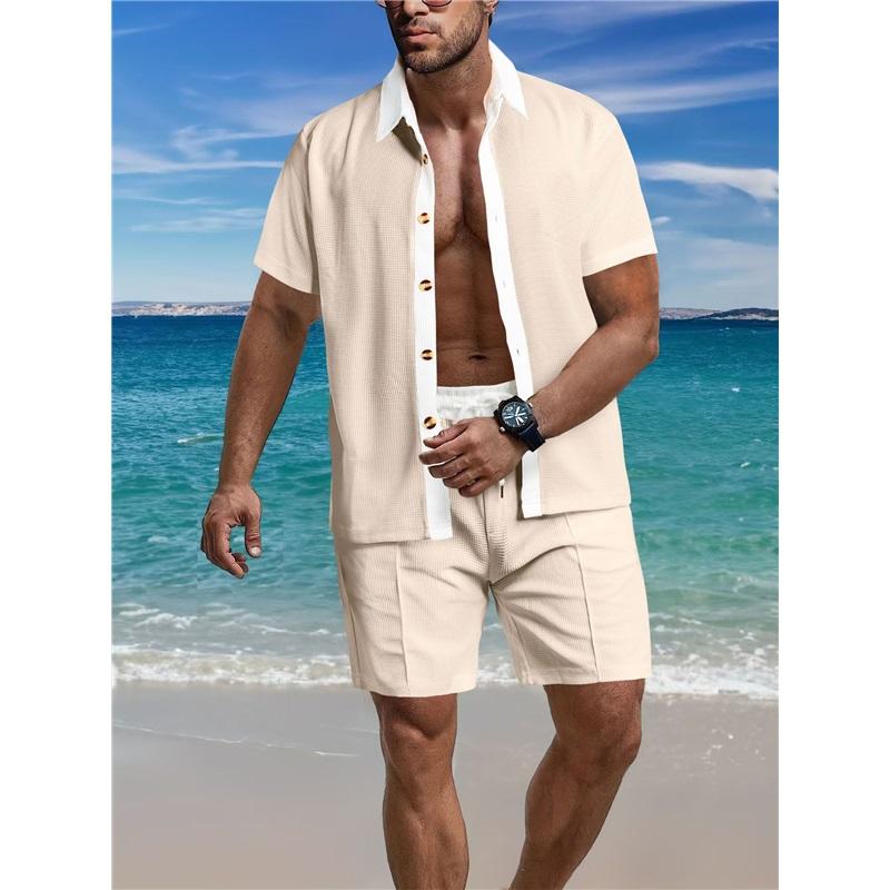 Men's  Color Block Knit Set Short Sleeve Shorts 2-Piece Summer Casual