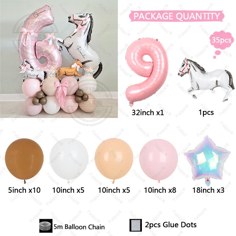 

35pcs Horse Farm Party Themed Balloon Kit with 32inch Large Pink Number Baloons Western Cowgirl 1-9 Years Birthday Party Supplie As The Picture