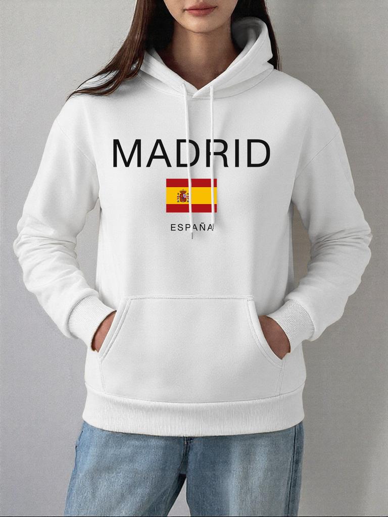 Madrid Spain Flag Printing Hoodies Women Autumn Winter Fleece Warm Sweatshirt Basics Pocket Pullover Casual Loose Womans Clothes