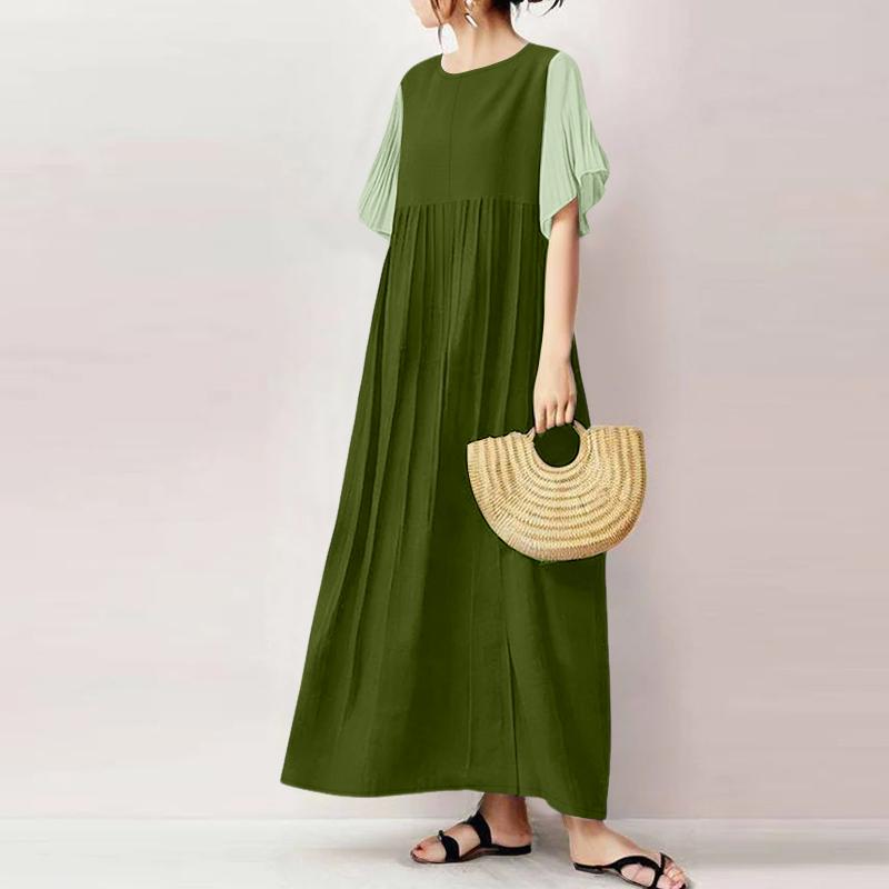 

ZANZEA Women Casual Round Neck Splice Short Sleeve Summer Long Dress 2XL зелений