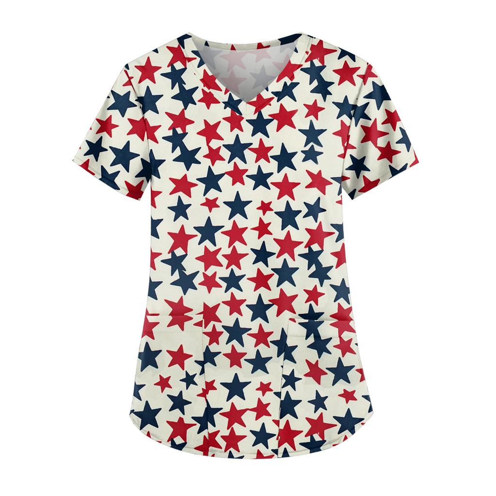 Damska odzież robocza z nadrukiem na Dzień Niepodległości, dekolt V, podwójna warstwa, kieszenie, podstawowy top z krótkim rękawem, bluza