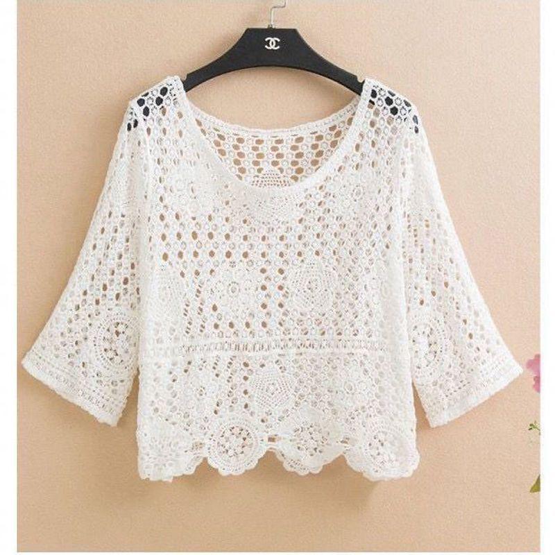 

Женский летний пуловер с ажурной вязкой крючком - Свободный топ-накидка с рукавом пять четвертей в корейском стиле XL (Recommended 111-130 jin)