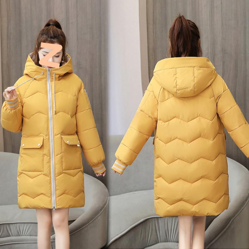 Winter lässige Damen mittellange Kapuzen-Baumwolljacke, lockere Baumwollkleidung, farbblockierte Brotjacke, gesteppte Jacke