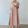 A New Summer Fresh and Sweet Loose Pocket Striped Shirt Mid-length Dress