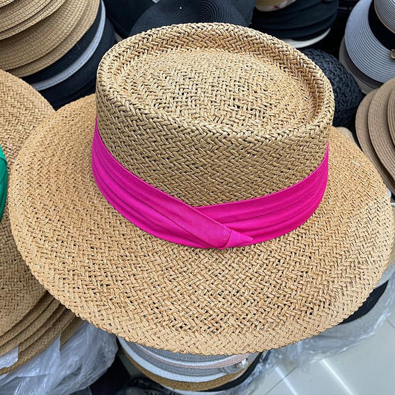 

Летняя шляпа женская модная ручной работы британская вогнутая шляпа с затенением для отдыха на пляже с большими полями соломенная шляпа от солнца Adult (56-58cm) розы красного