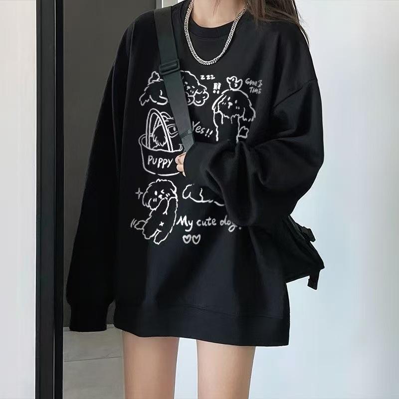 Women's Crew Neck Sweatshirt Cute Puppy Cartoon Print Oversize Loose Casual Fall Long Sleeve Pullover