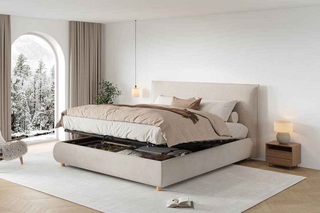 Upholstered Bed, Double Bed, 180*200cm, Hydraulic Function, Slatted Frame, Headboard, Large Storage Space, Bed Legs Made of Solid Wood, Cream, Velvet